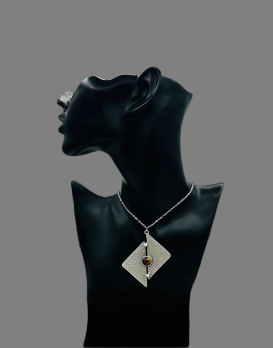 Tigers Eye and Stainless Steel Geometric Pendant