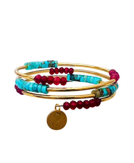 Turquoise and Red Agate Wrap Bracelet With Brass Tubes